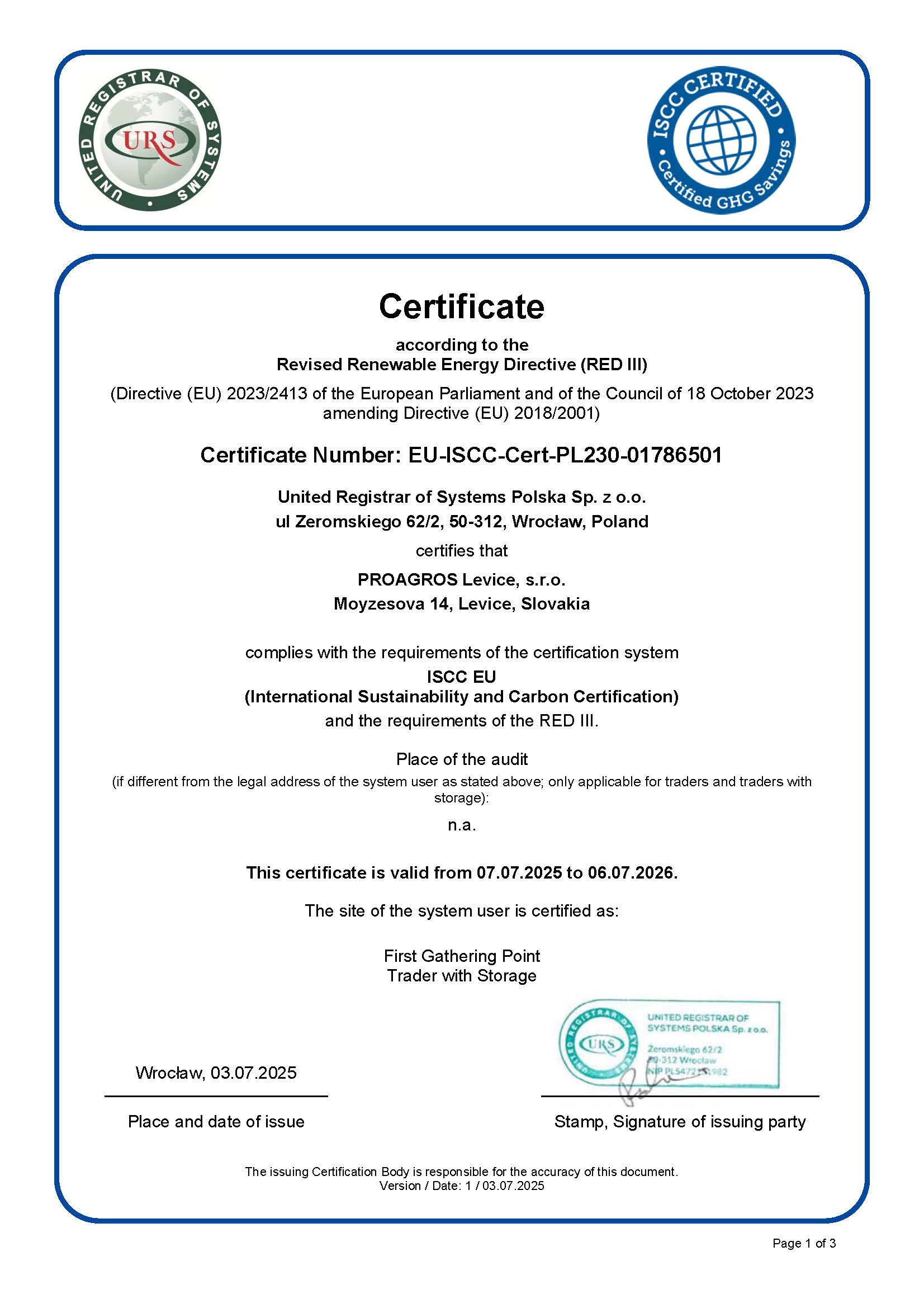 ISCC EU certificat Proagros Levice Strana 1