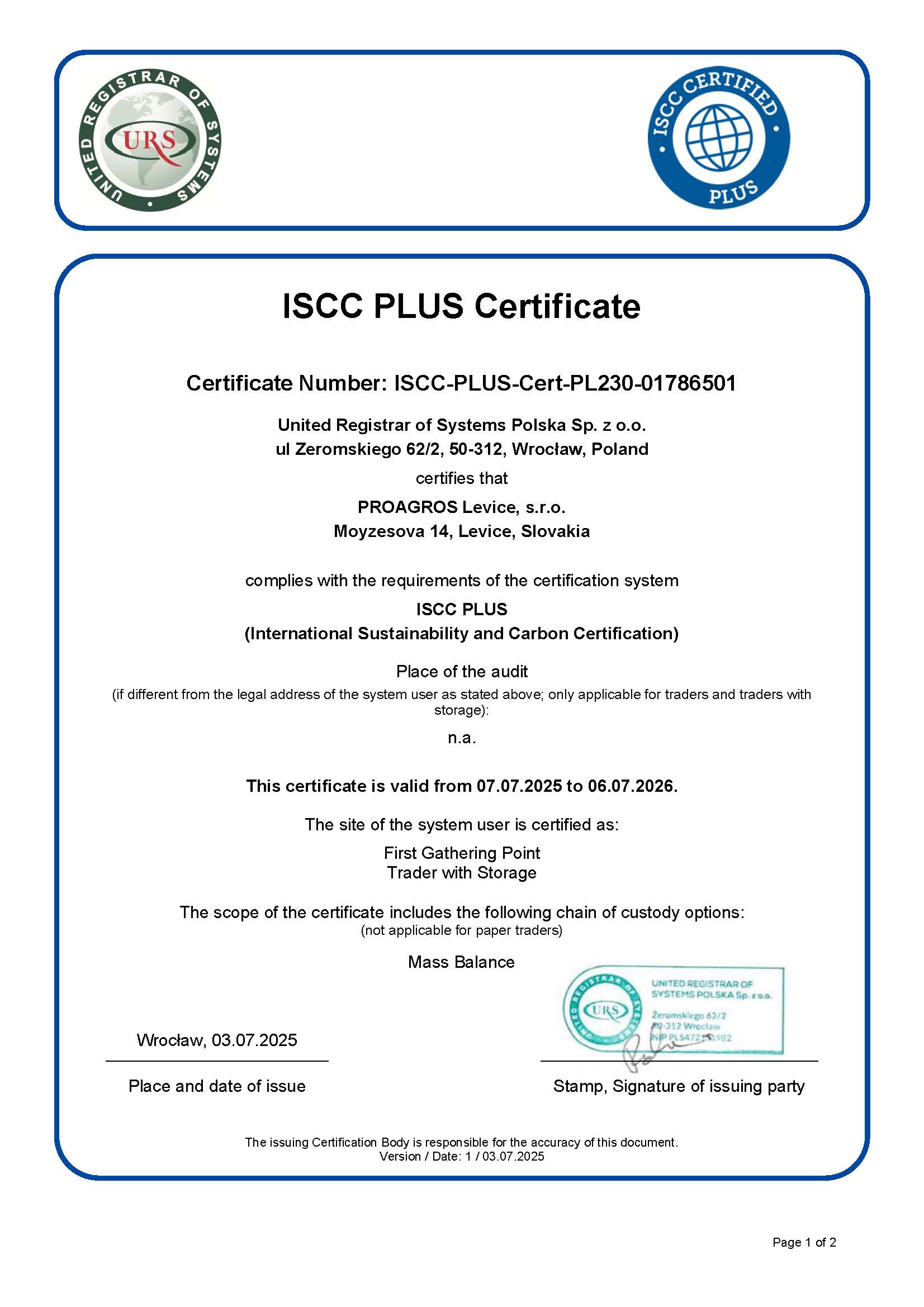ISCC PLUS certificate Strana 1