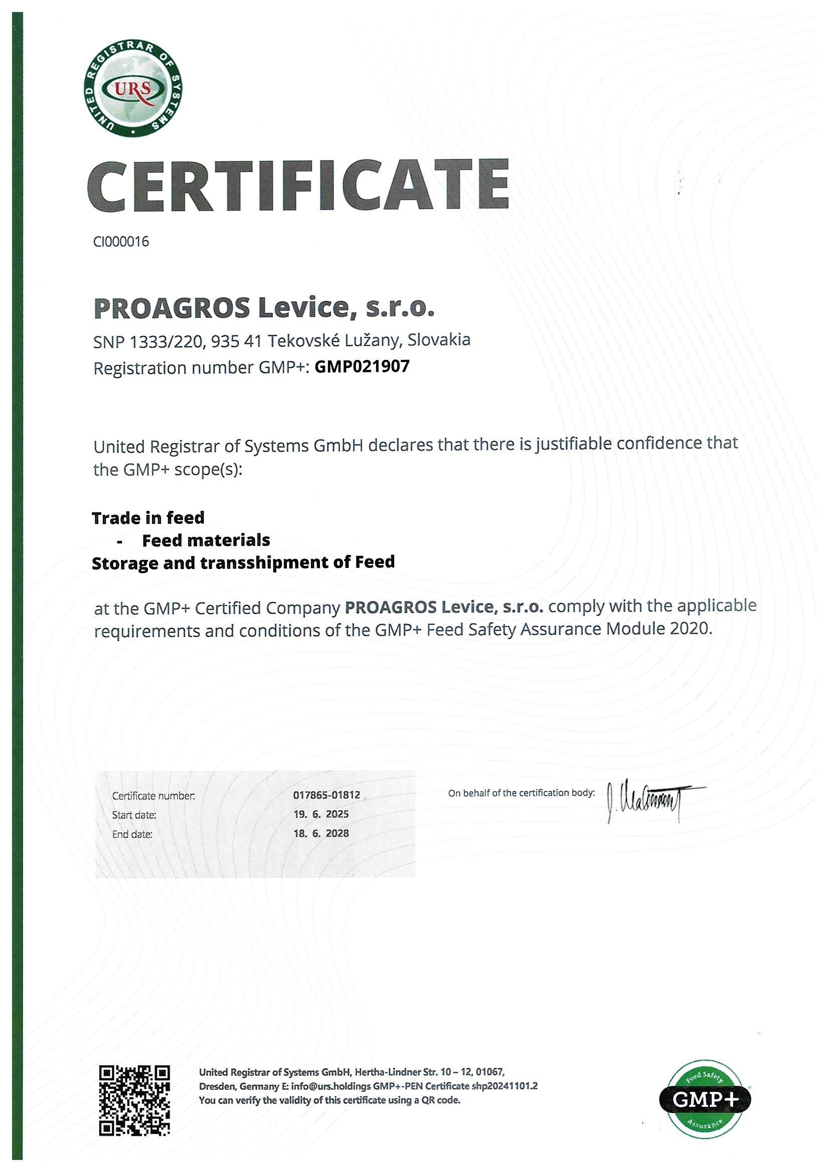 PROAGROS Levice Certificate GMP 2020 ENG