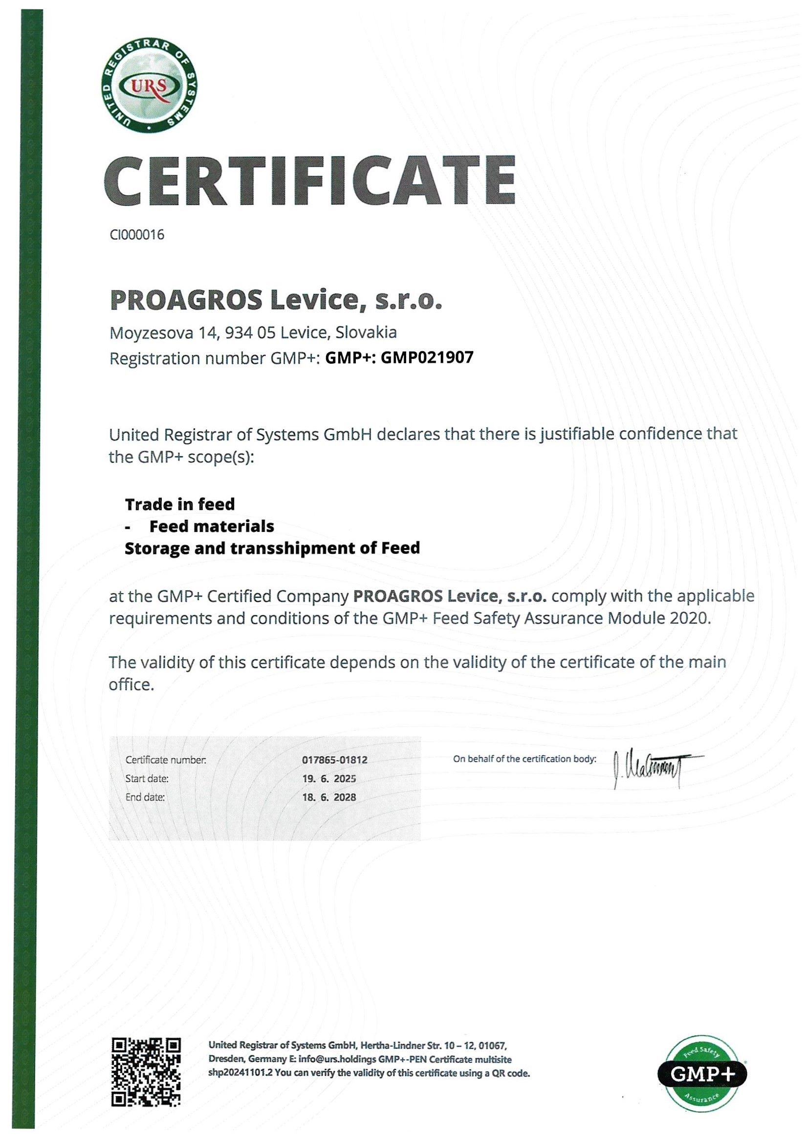 PROAGROS Levice, sro_Multisite_Cert GMP+ 2020_ENG_issue 1